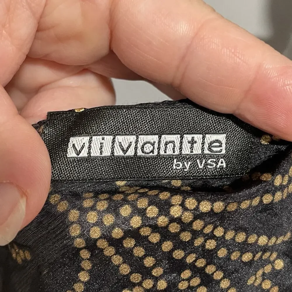 Vintage Vivante VSA Sheer Dot Scroll Silk Scarf Black Gold Metallic Old Money